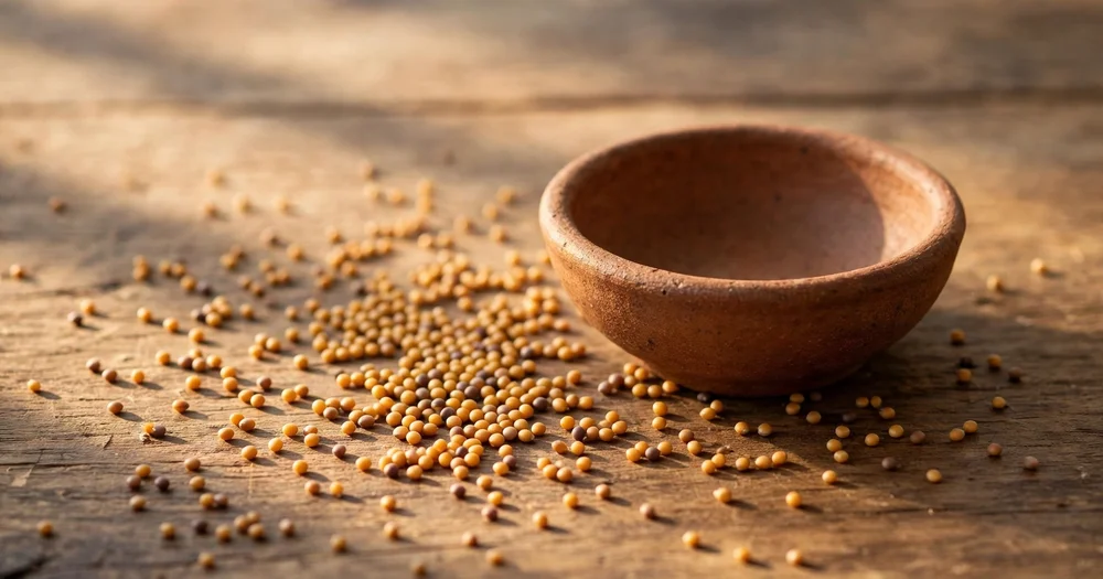 Mustard seeds scattered beside a small clay bowl on a wooden table