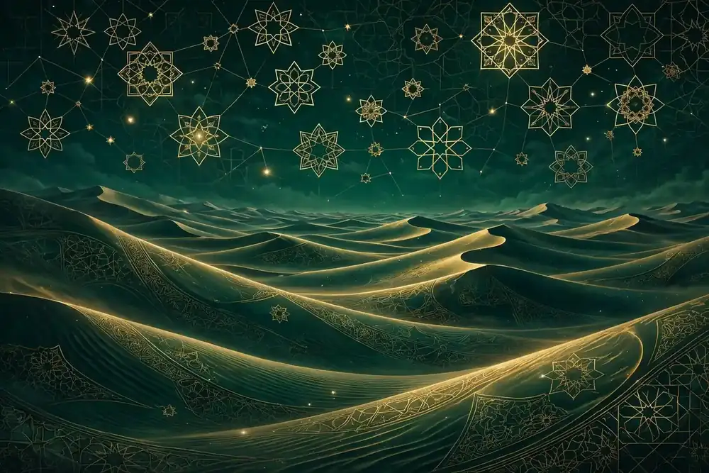 Abstract night sky over a desert with geometric stars in Islamic art, emerald and gold
