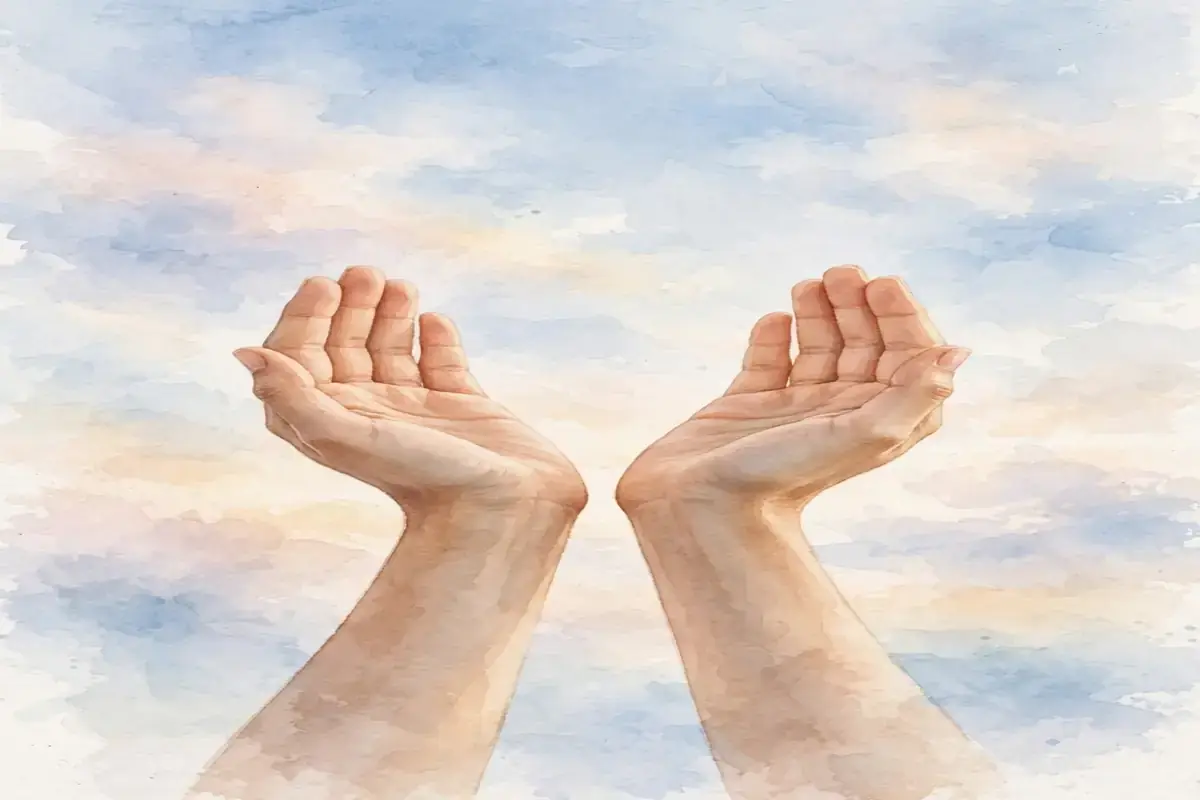 Hands raised in dua against a serene sky