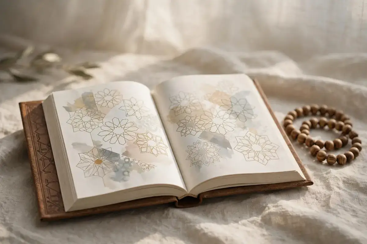 Open Quran with prayer beads in gentle light