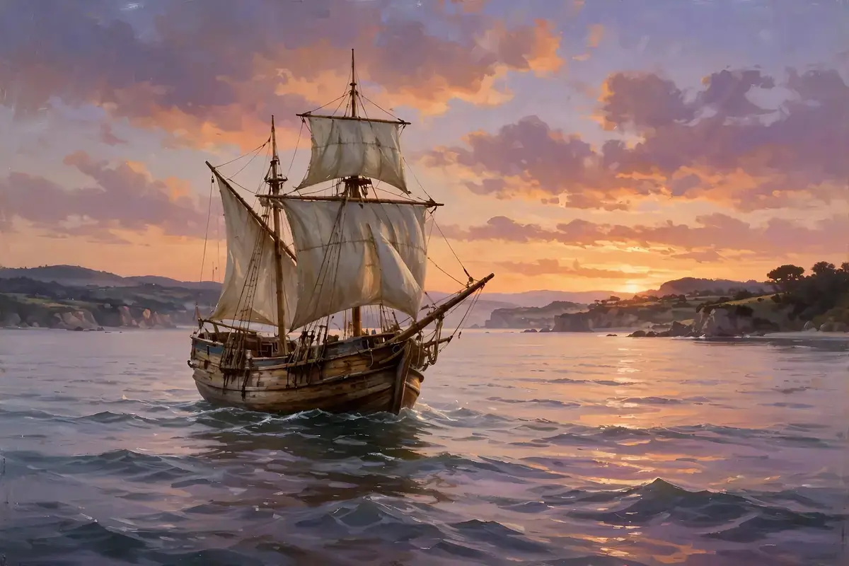 A wooden sailing ship crossing a calm sea toward a distant coastline at sunset