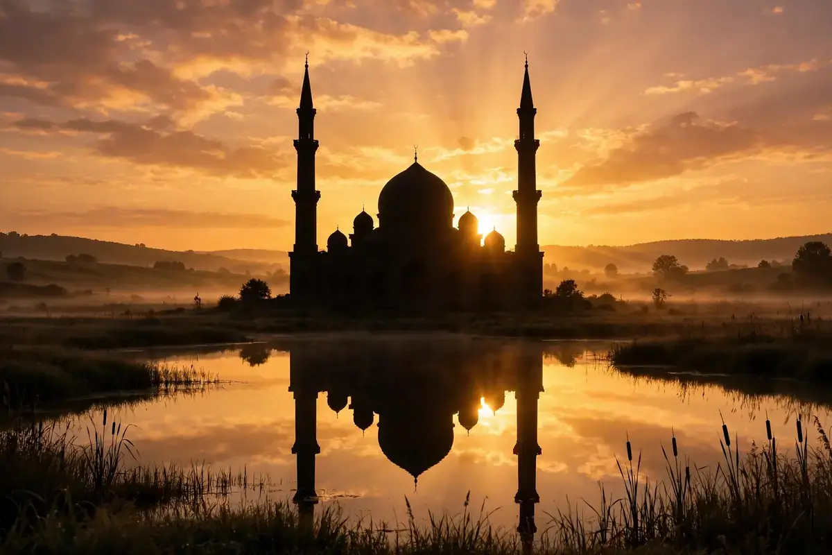 Golden sunrise over a mosque silhouette at dawn