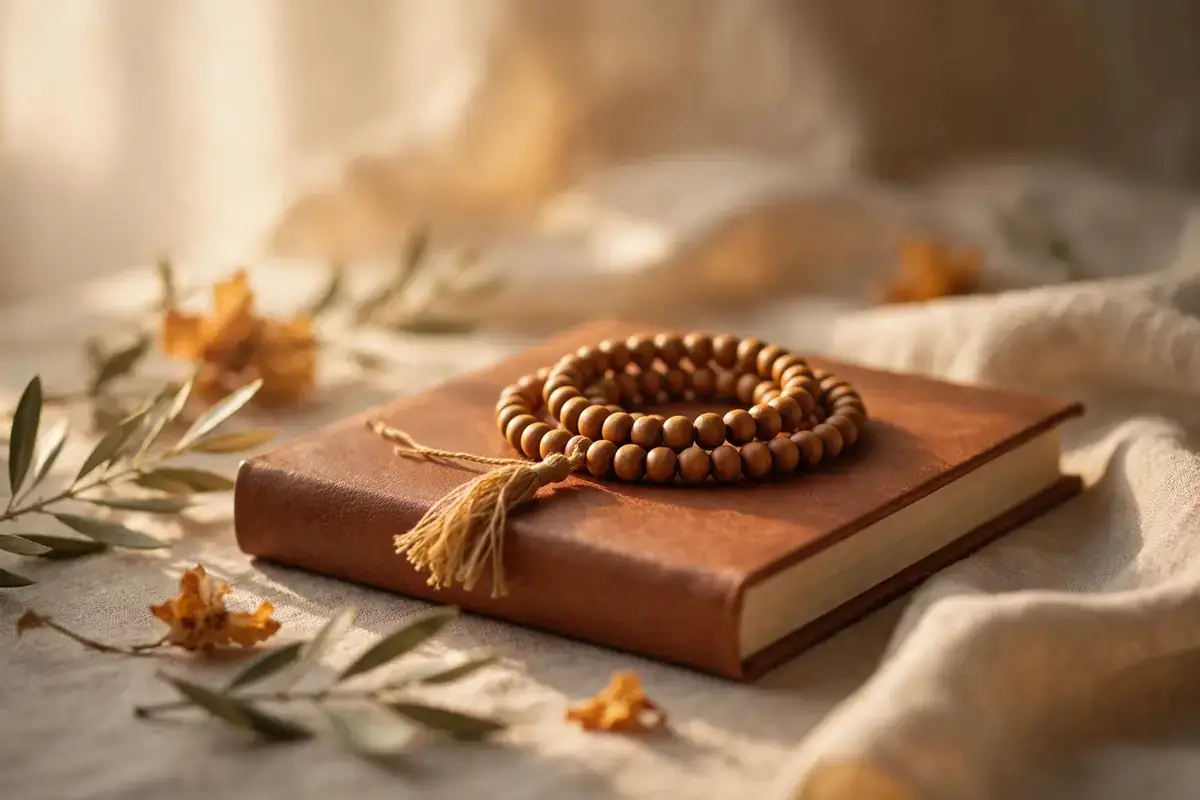 Soft morning light over prayer beads on a book