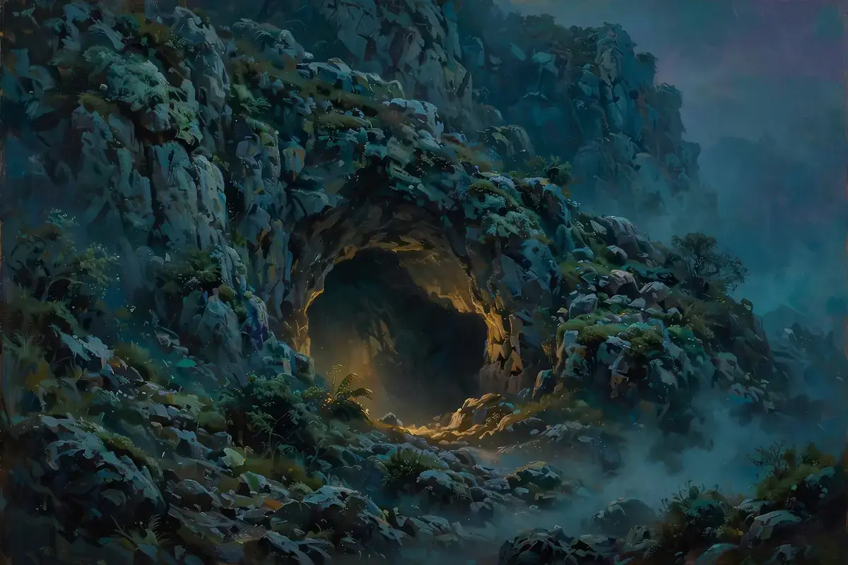 Dark cave entrance in rocky cliffs at dusk