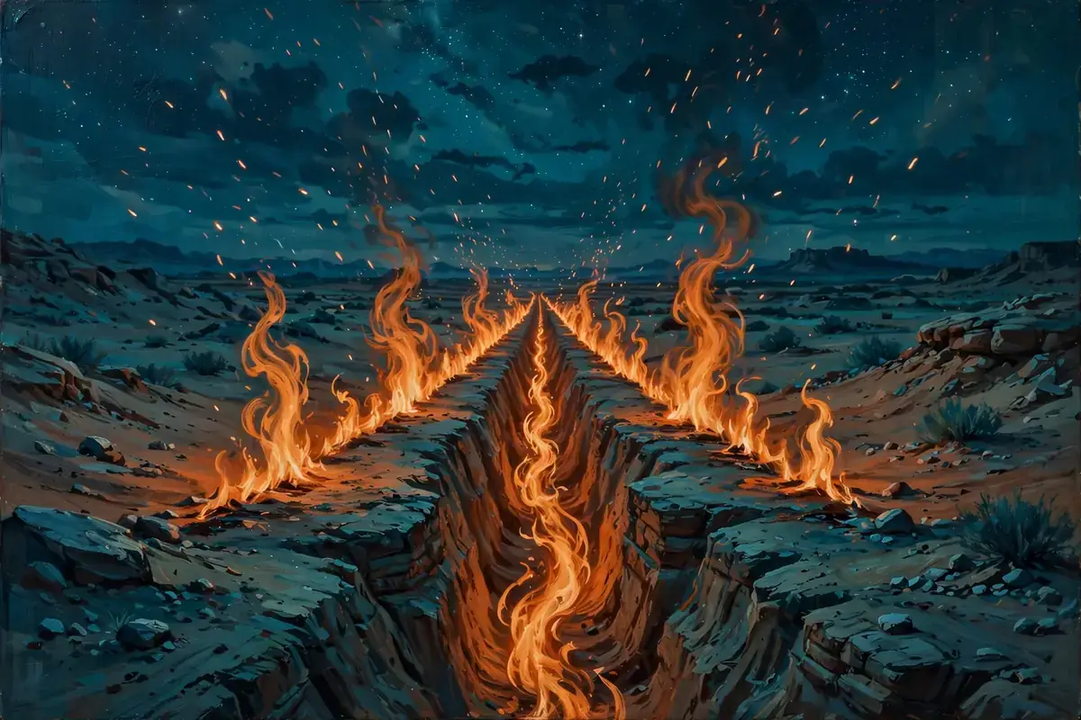Long trench with rising flames under a night sky