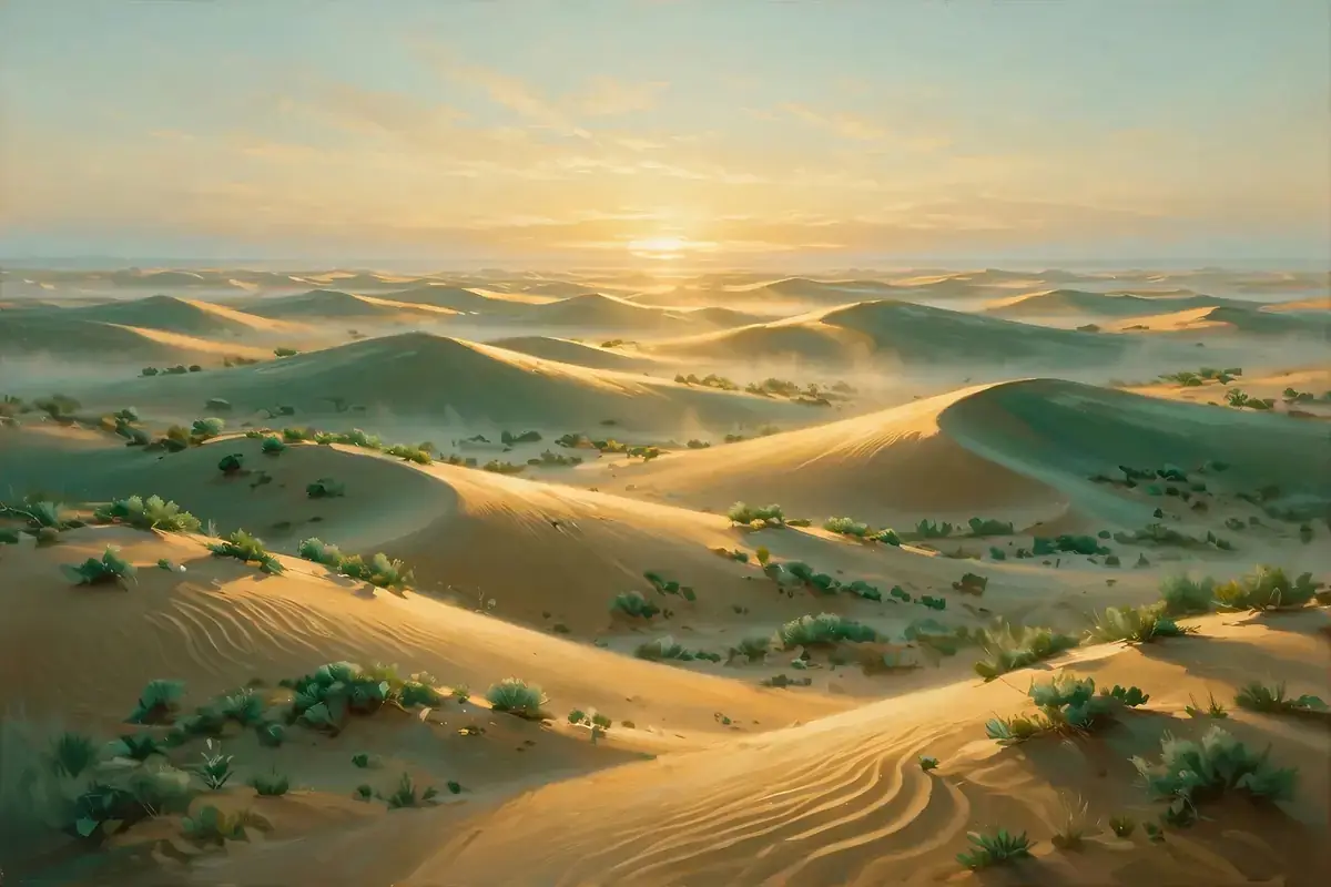 Dawn breaking over a calm desert horizon