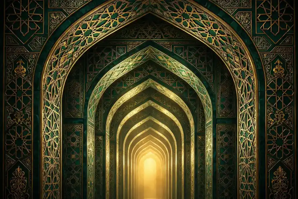 Abstract Islamic geometric art with ten radiant arches in emerald and gold