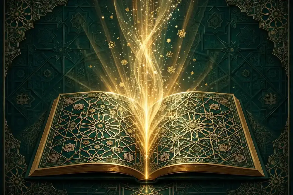 Abstract open Quran with rising light in Islamic geometric art, emerald and gold