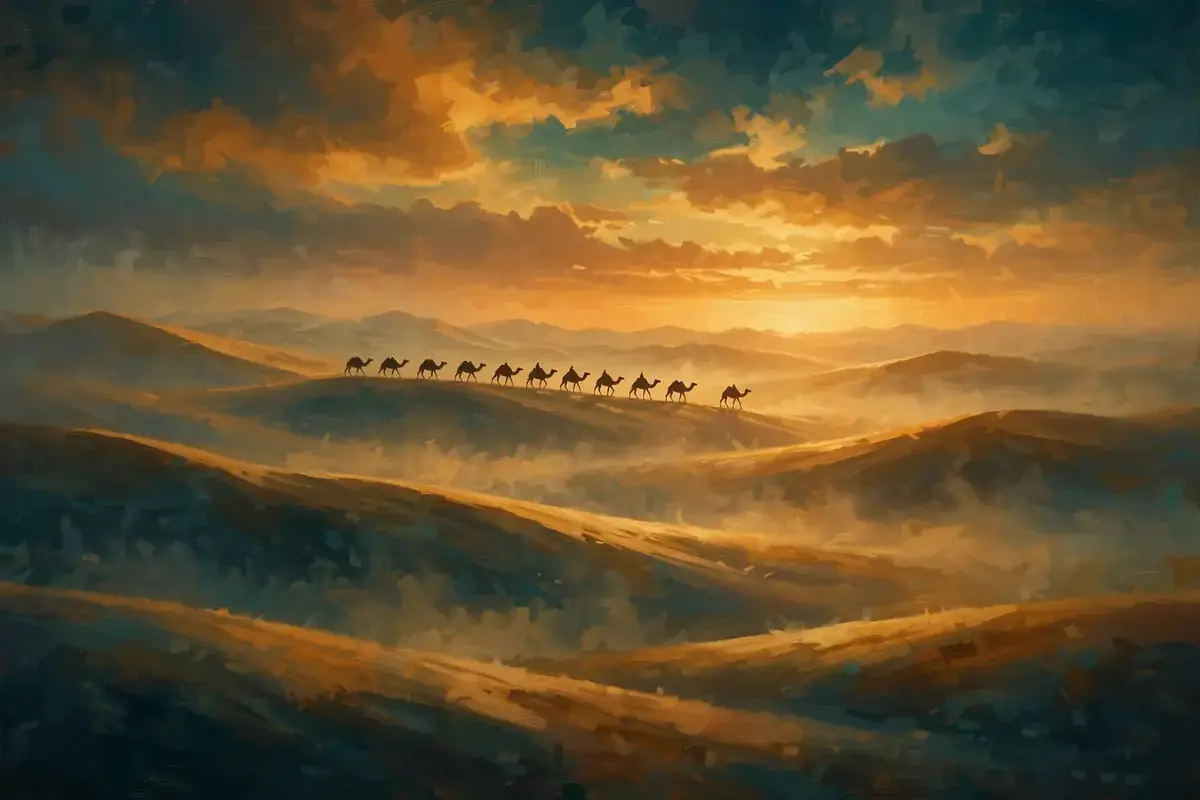 Desert caravan silhouettes crossing golden dunes