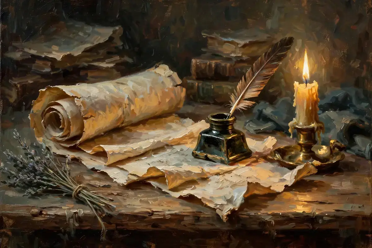 Ancient scroll and inkwell in warm abstract light