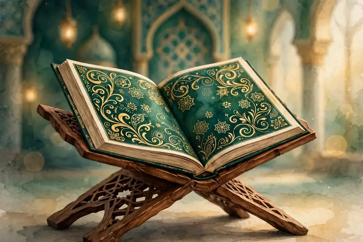 An open Quran on a wooden rehal book stand in warm golden light