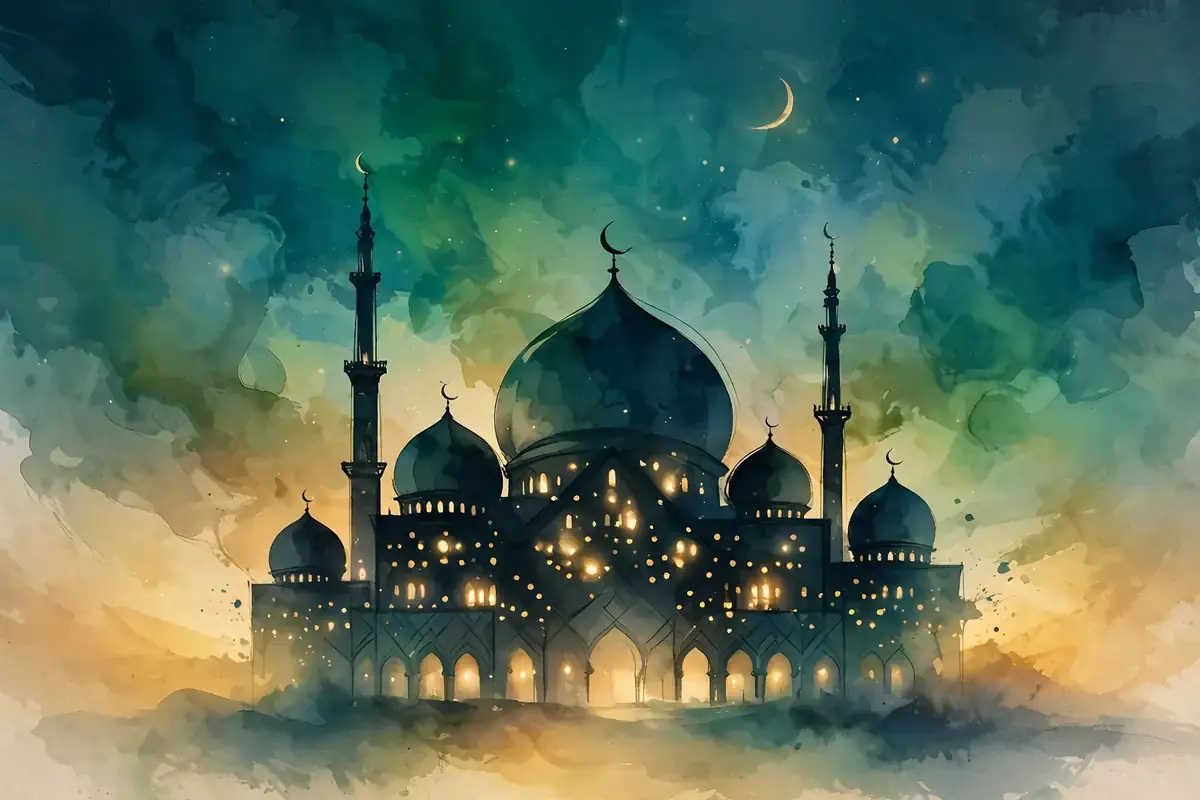 Mosque silhouette with domes and minarets at dusk under a golden sky