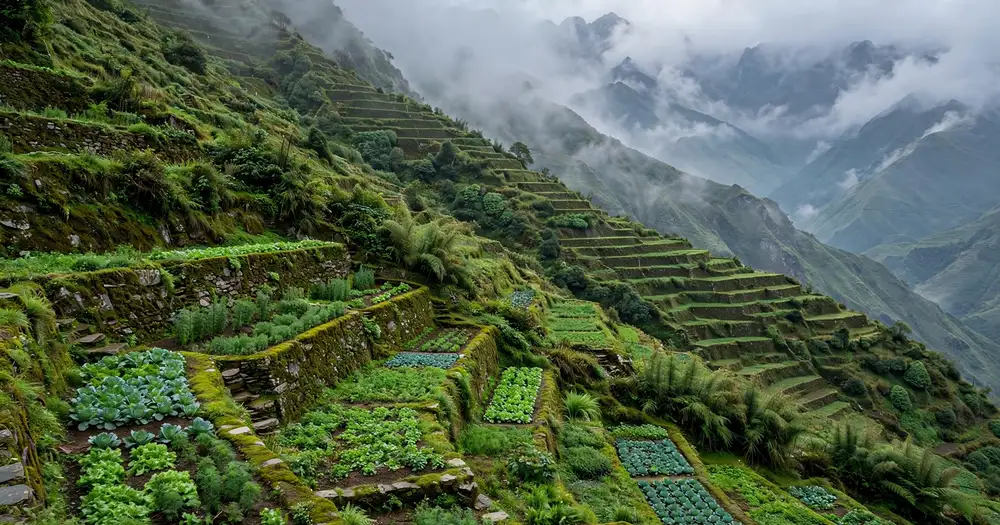 Terraced gardens climbing green mountain slopes
