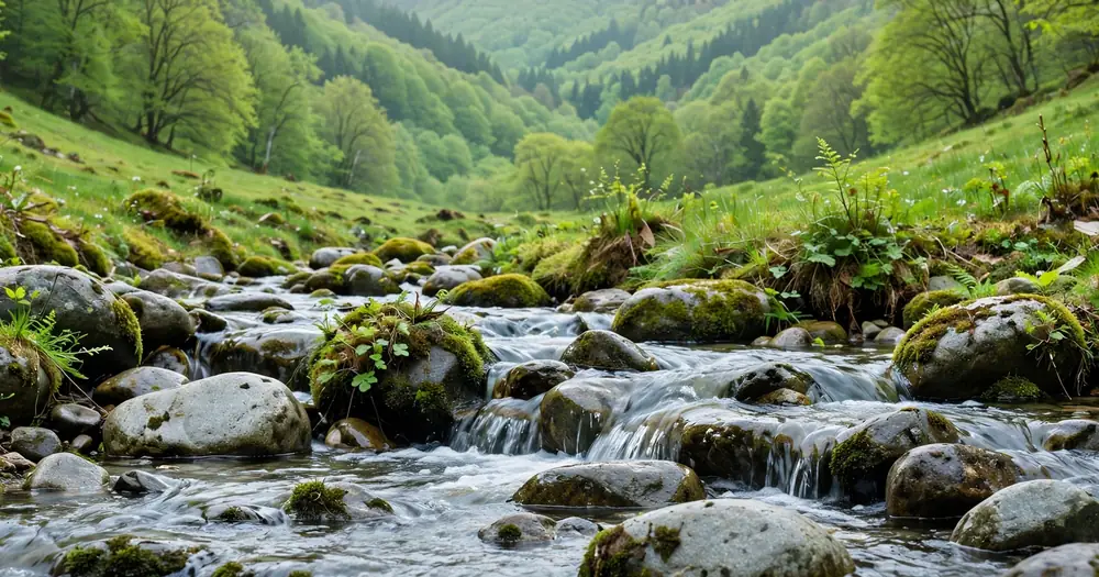 A cool spring of water flowing over smooth stones in a green valley