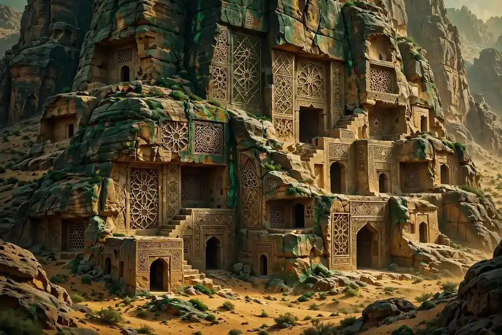Abstract rock-cut mountain dwellings in a desert in Islamic geometric art, emerald and gold