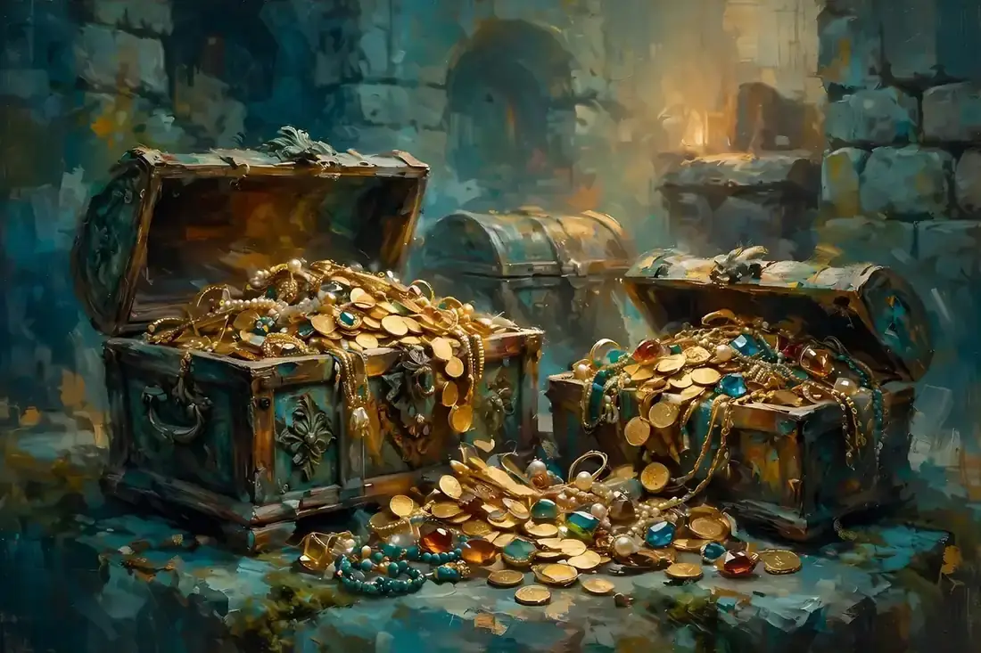 Ancient treasure chests and gold coins in soft light