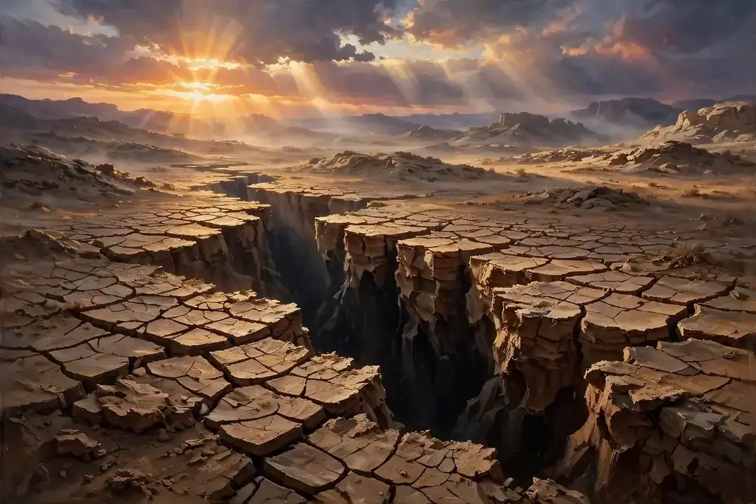 Cracked dry earth splitting open at dawn