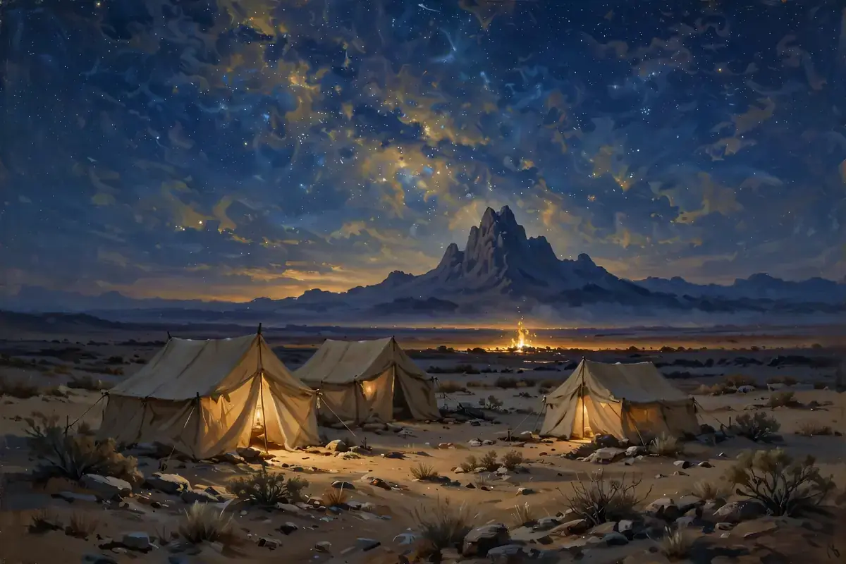 Desert camp under a starry night sky with a distant fire glow
