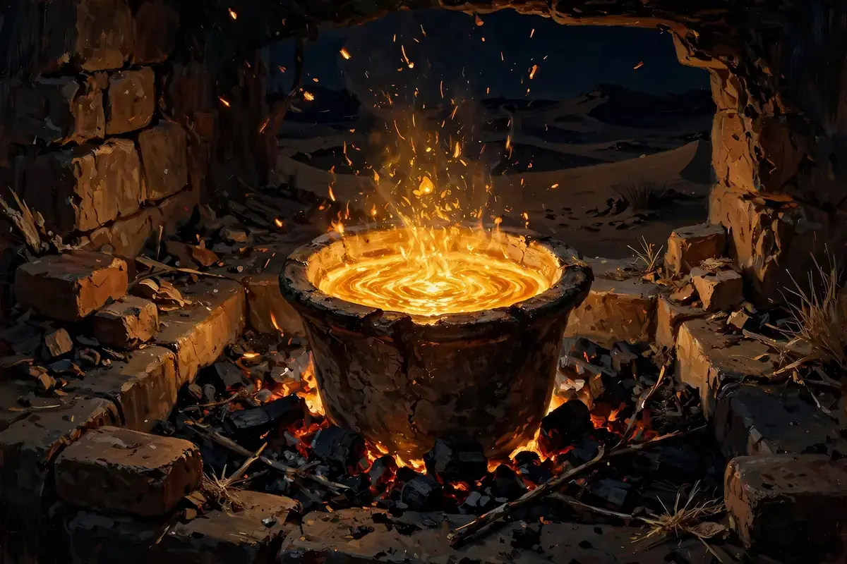 Molten gold glowing in a desert forge at night