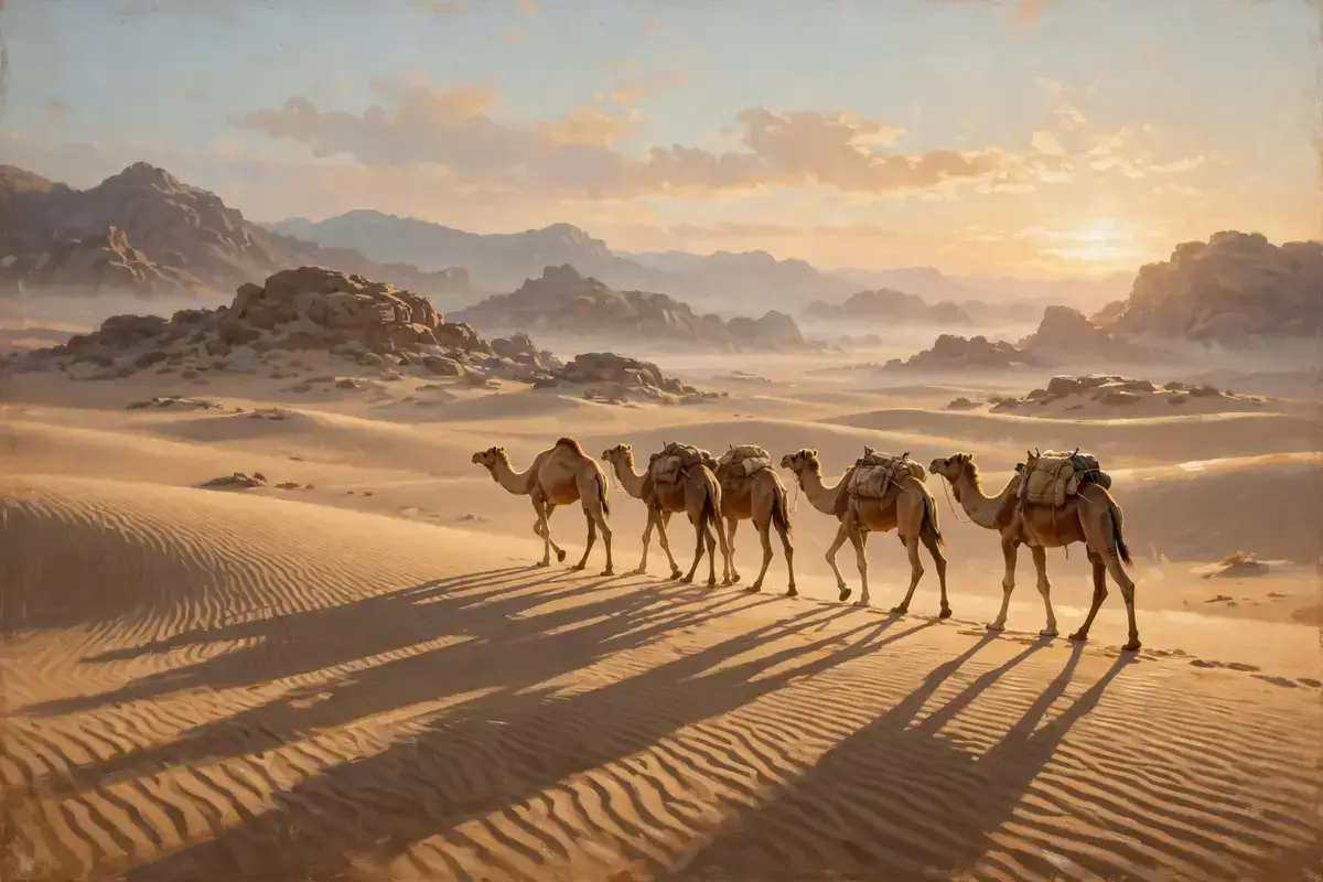 A small caravan of camels crossing a vast desert at dawn