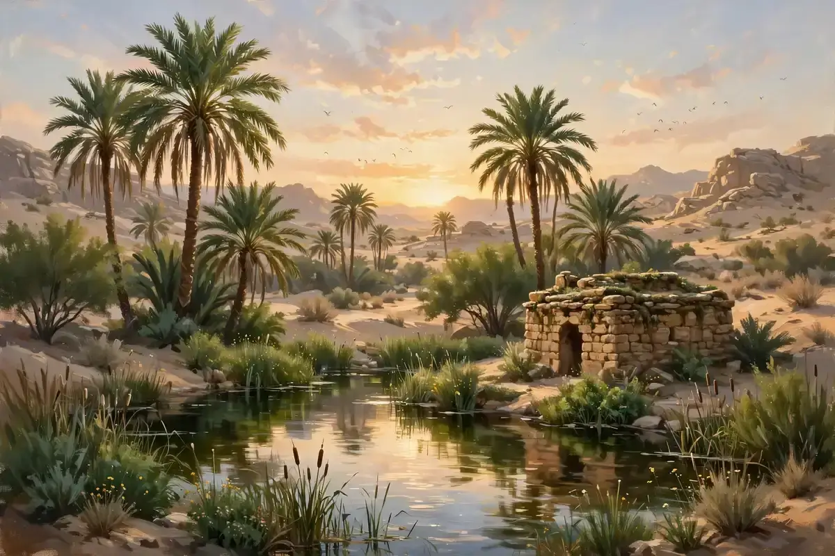 A green oasis with palm trees and a small stone structure at sunrise