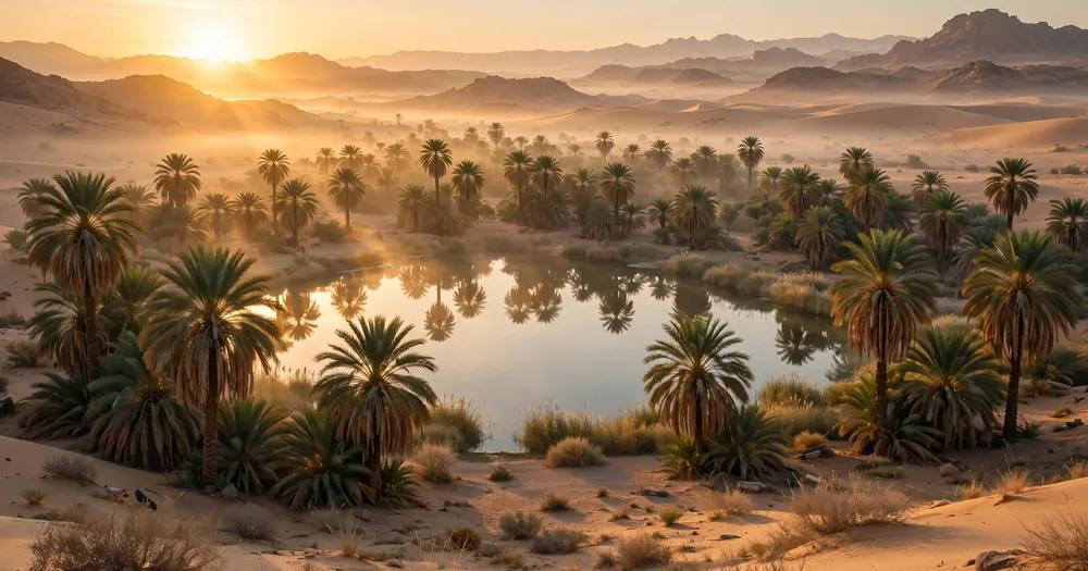Sunrise over a palm oasis, a sign of resurrection in creation