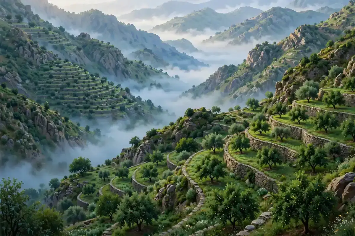 Rugged green mountains and orchards of the Taif highlands