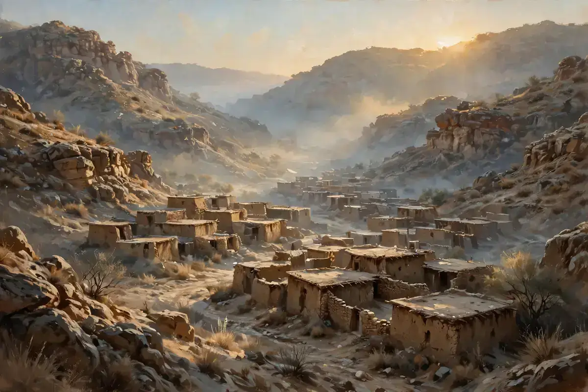 Ancient desert valley with old stone houses of Makkah at dawn