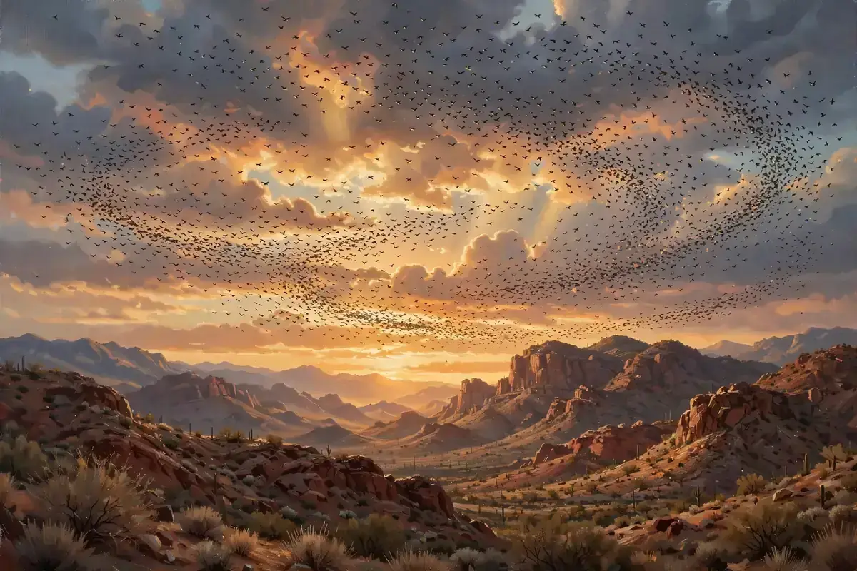 Flocks of small birds flying over desert mountains at sunrise