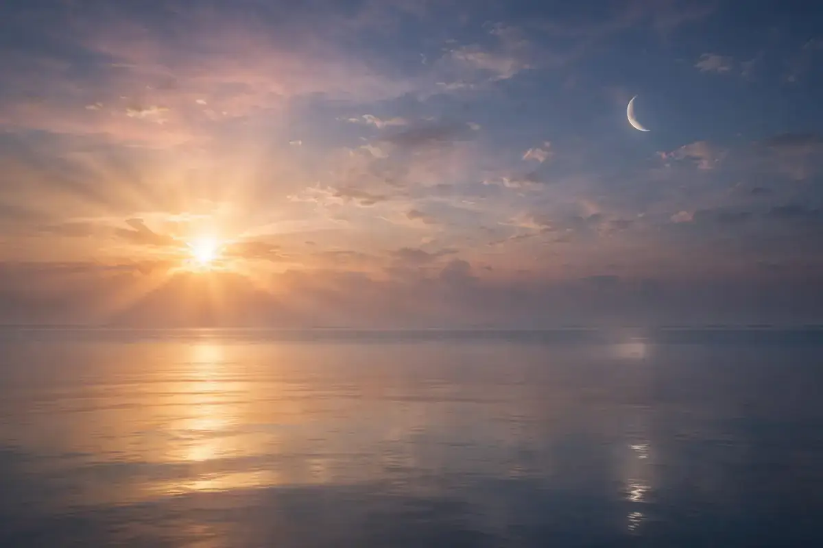 Sun and crescent moon over calm ocean waters at twilight